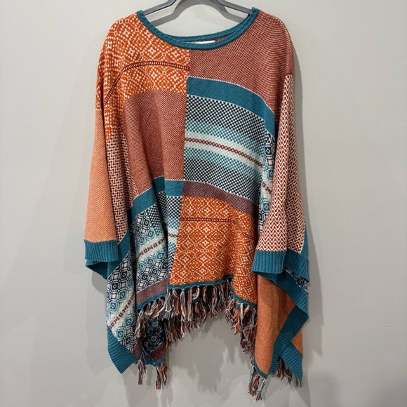 Sundance Catalog Alisandra Poncho Intarsia Patchwork Bandana Sweater Boho Orange - Picture 2 of 6
